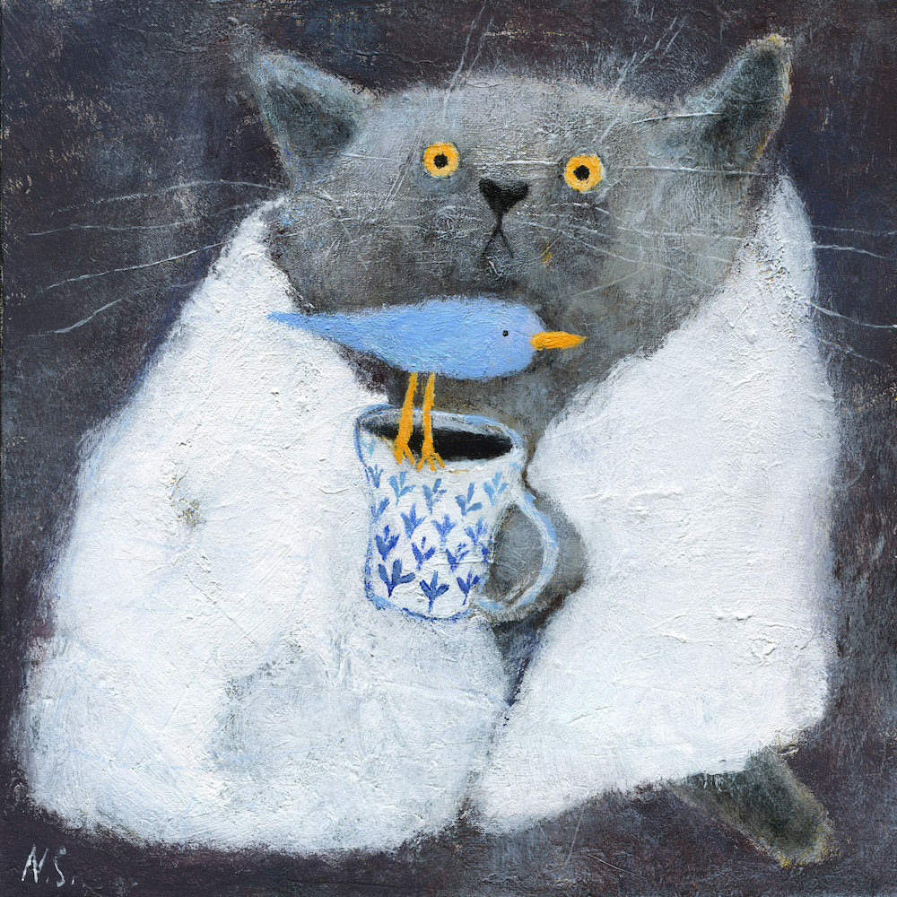 The Grey Cat in White Blanket – Original