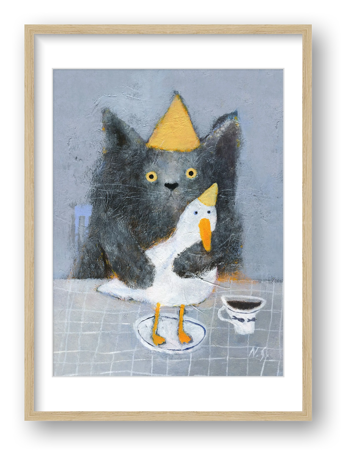 Cat with a Duck on a Plate 01 — framed