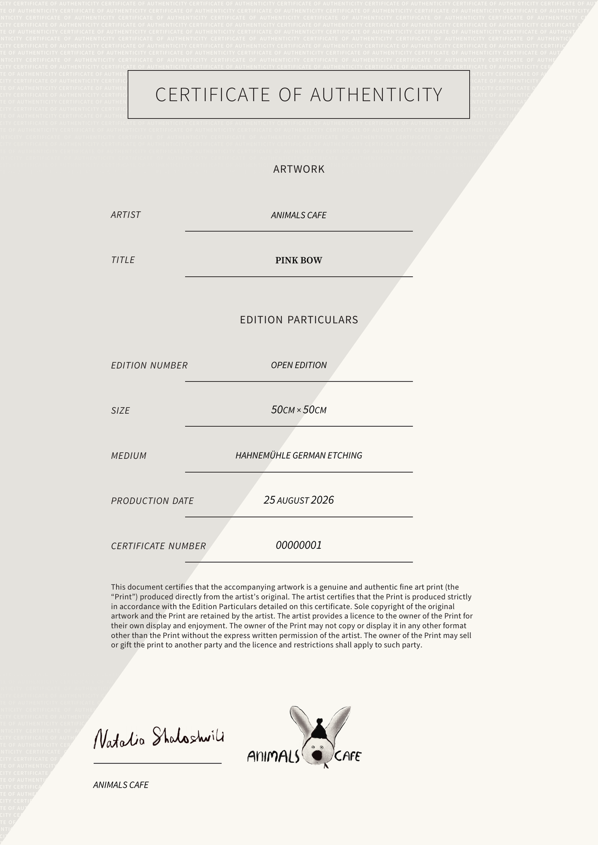 Pink Bow — Certificate of Authenticity