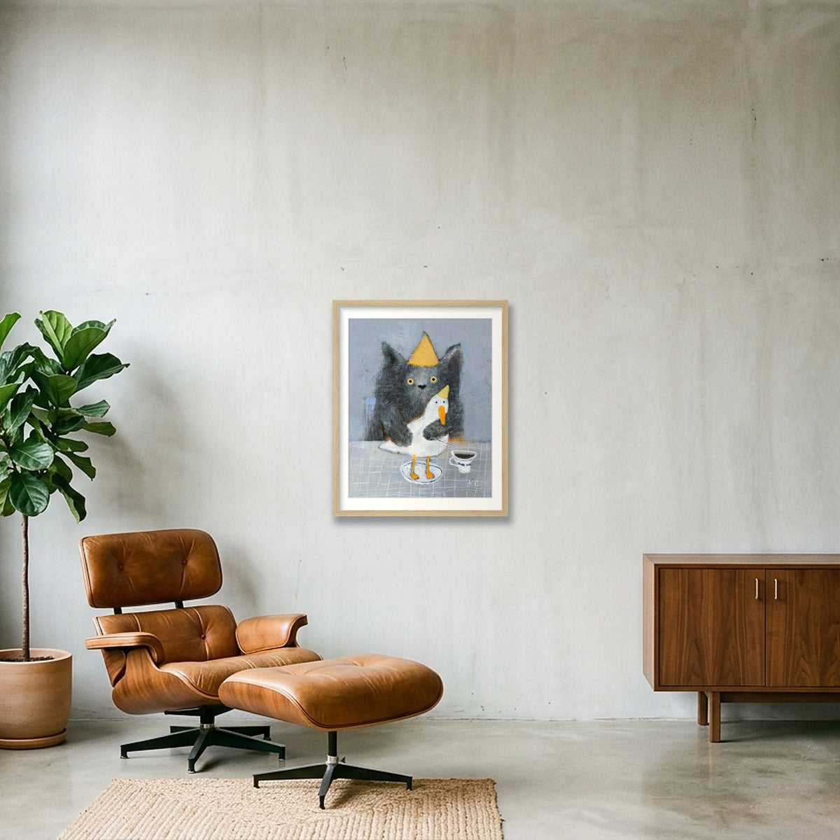 Cat with a Duck  — 40×50cm, 16×20" Oak Frame
