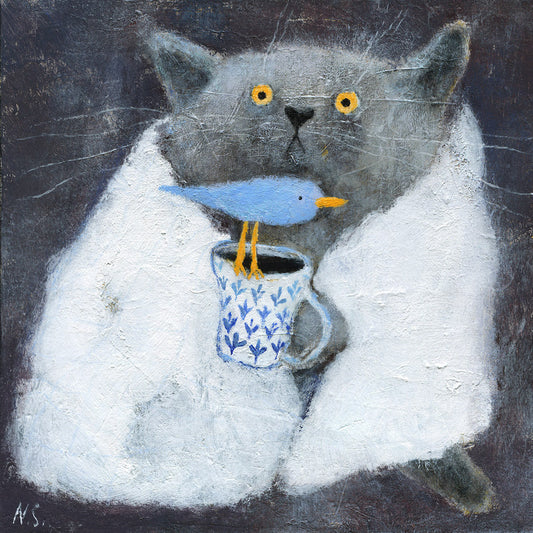 The Grey Cat in White Blanket – Original