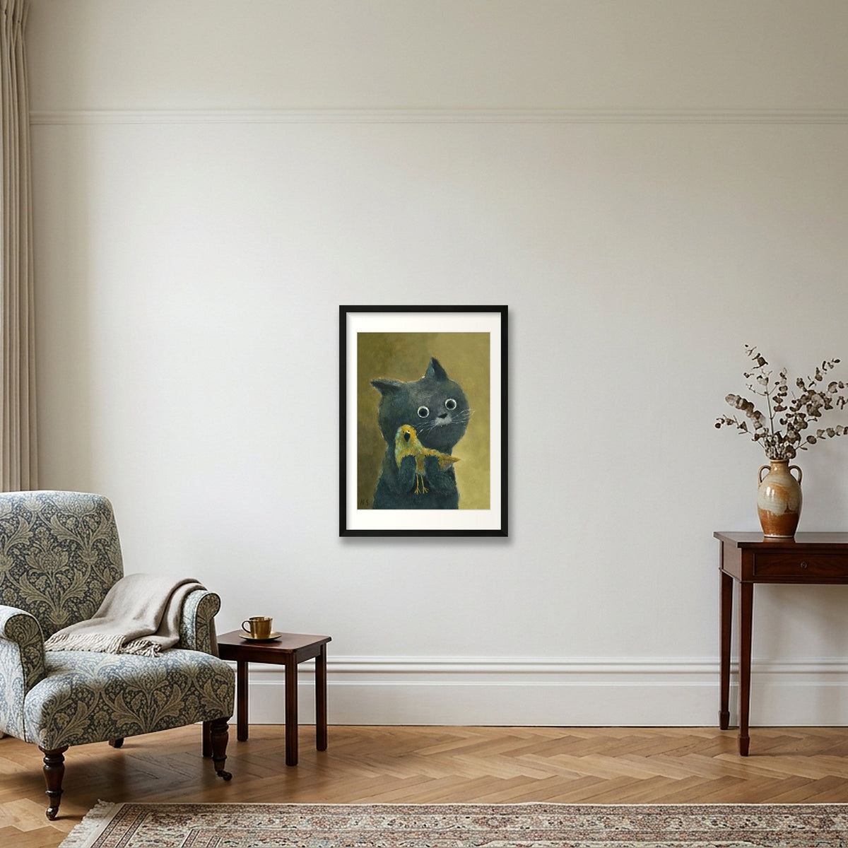 Cat and her Bird  — 42×59cm, 17×23" Black Frame