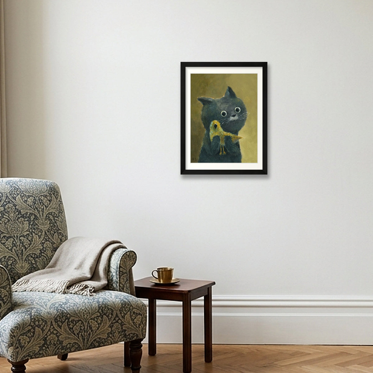 Cat and her Bird  — 30×40cm, 12×16" Black Frame