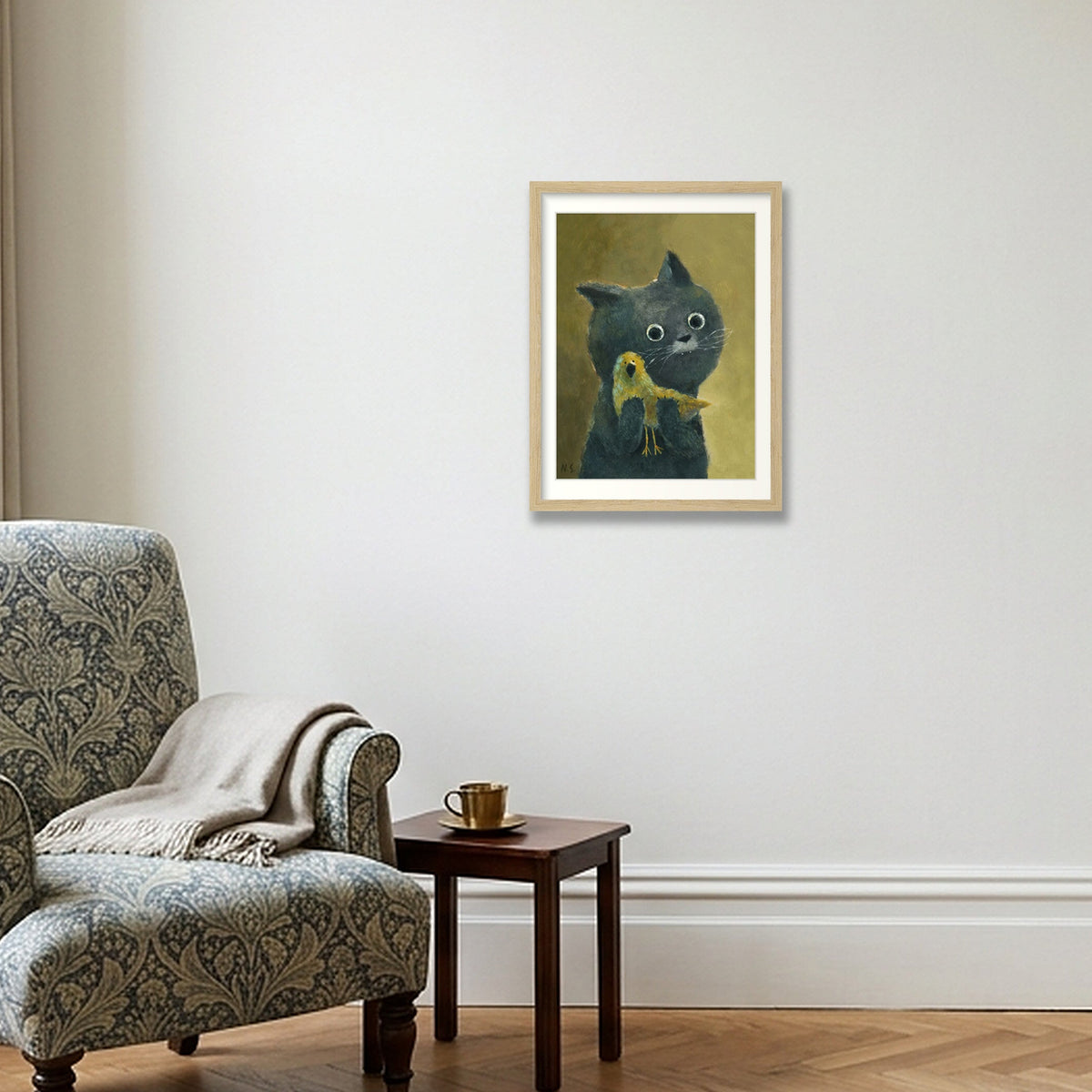 Cat and her Bird  — 30×40cm, 12×16" Oak Frame