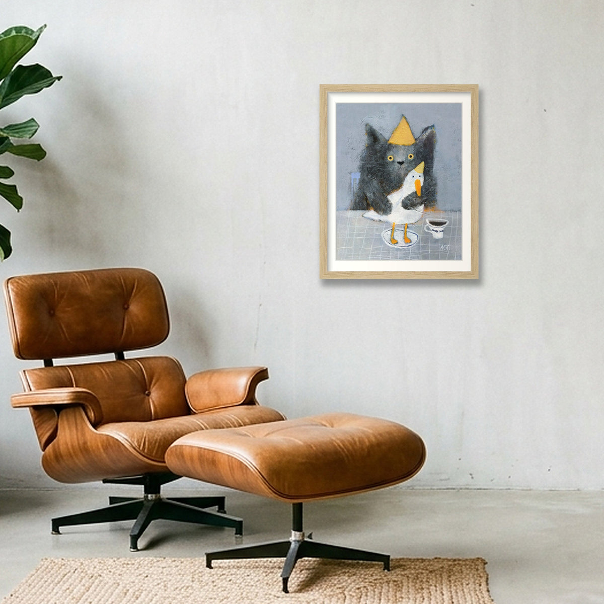 Cat with a Duck  — 28×35cm, 11×14" Oak Frame