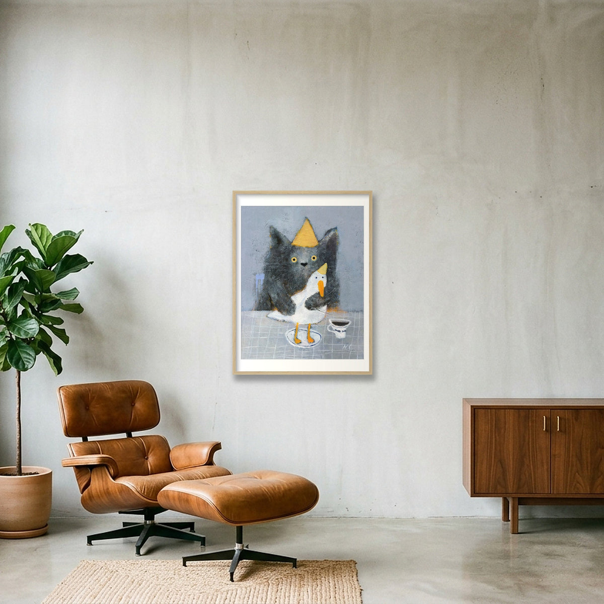 Cat with a Duck  — 60×80cm, 24×31" Oak Frame